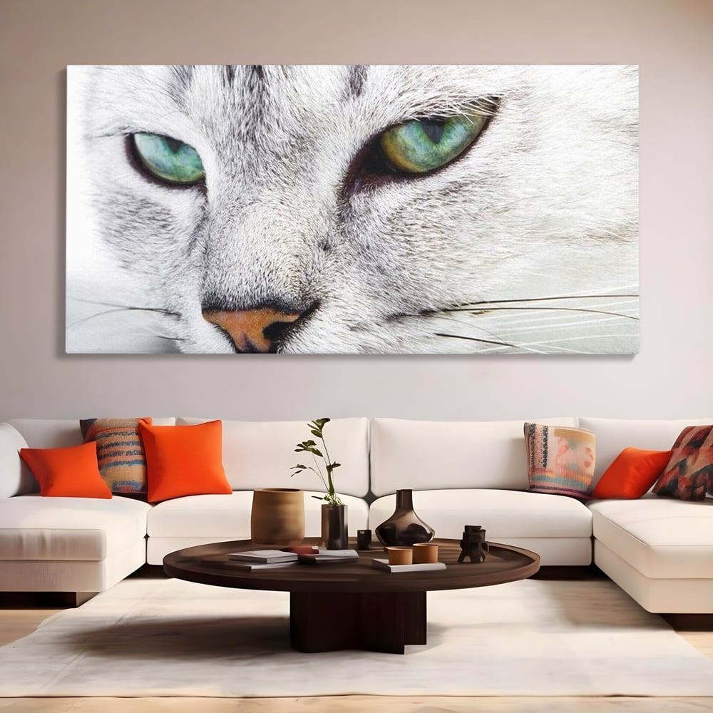 Tablou canvas cu tablou canvas cu ochi de pisica, fara rama, pe sasiu de lemn, pe perete intr-un living